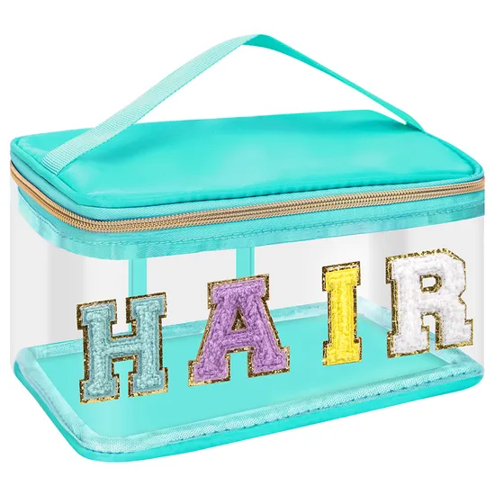 Chenille Letter Clear Cosmetic Bags with Handle for Travel, Makeup, and Organizing Essentials 