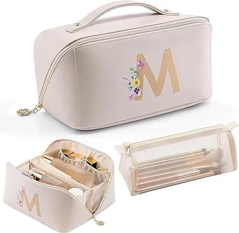 PU Leather Waterproof Cosmetic Monogram Personalized Makeup Storage Women Girls Travel Bag 