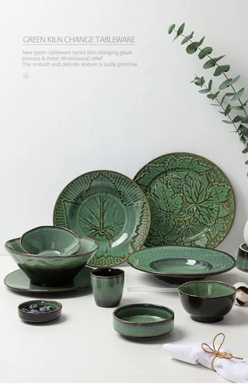 Modern Popular Design Green Embossed Complete Kitchen Dishes Ceramic Plate Dinner Sets 