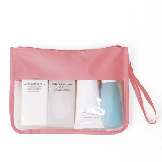Transparent PVC PU Leather Cosmetic Bag Simple Zipper Closure Toiletry Makeup Bag 