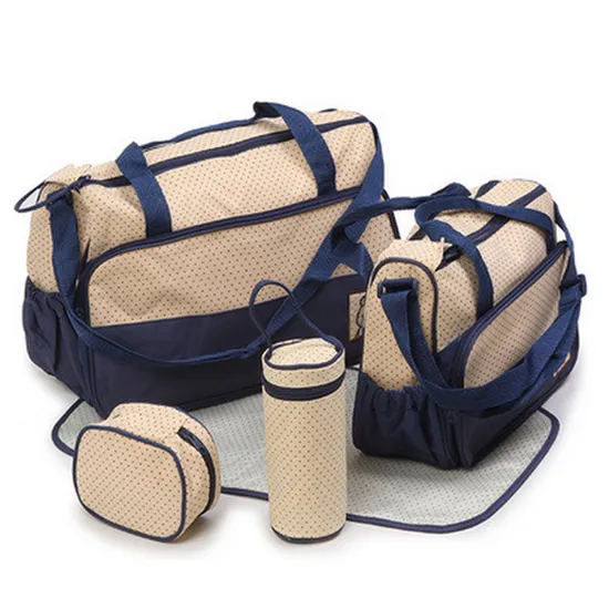 Durable Waterproof New Fashion 5 in 1 Mommy Outdoor Travel Tote Bag Baby Diaper Bag Mom with Bottle Holder Replacement Pad 